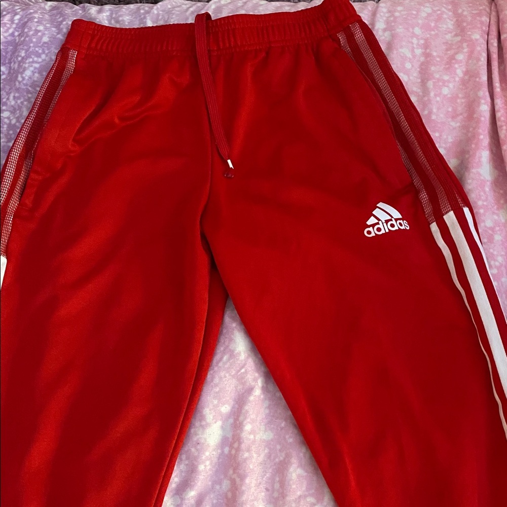 Adidas Scarlet Joggers with White Stripes